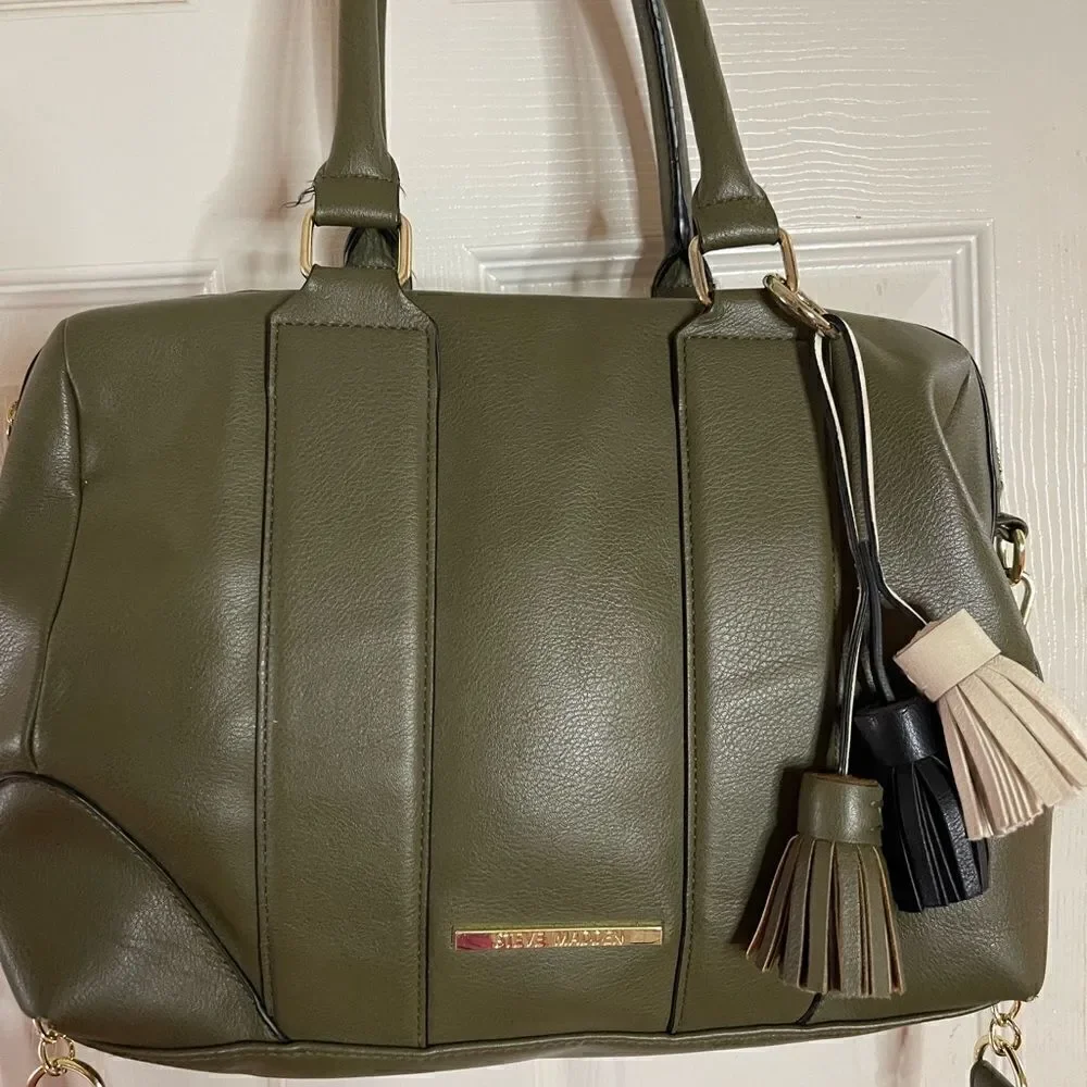 Steve Madden olive green satchel bag detachable shoulder strap tassel accent